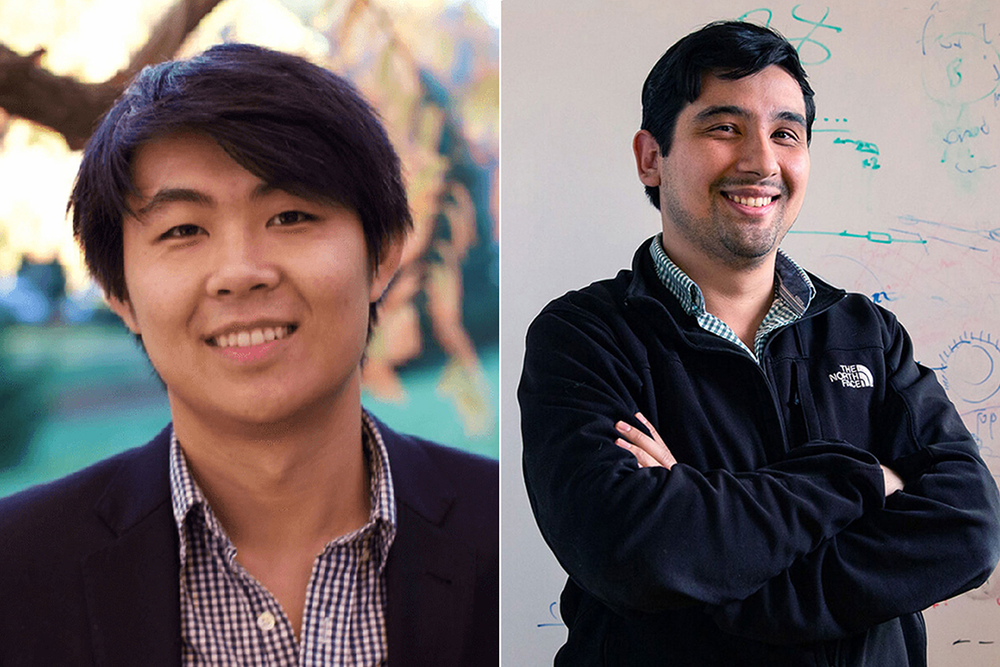 Side by side photos of two men with short dark hair, one standing in front of a nature background, another standing with his arms crossed in front of a whiteboard