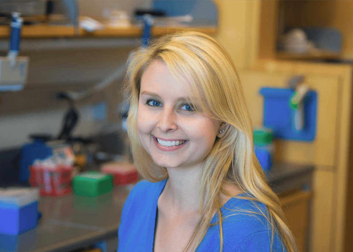 Blonde woman in a blue shirt