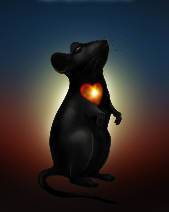 Silhouette of a mouse on a dark background with a red glowing heart on its chest